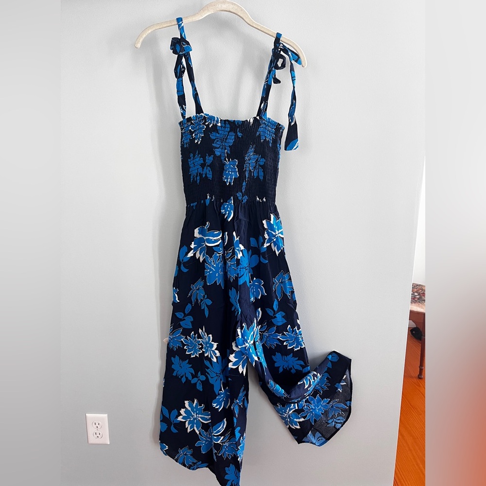 Tropical Floral Smocked Jumpsuit Vibrant Blue BUCKETLIST Womens L